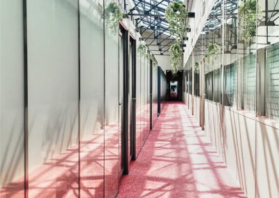 Long couloir vitré au sol recouvert de moquette rouge, éclairé par une verrière avec suspensions végétales. Puit de lumière pour bureaux